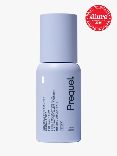 Prequel Universal Skin Solution Dermal Spray in branded periwinkle bottle with cap on light gray background with red Allure Best of Beauty seal in the top right corner