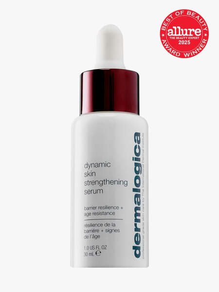 Dermalogica Dynamic Skin Strengthening Serum in branded white bottle with pipette on light gray background with red Allure Best of Beauty seal in the top right corner